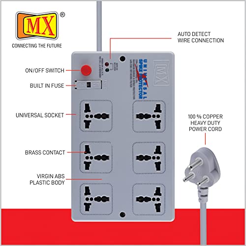 Image of MX 10 m Spike Protector Extension Board - 6‑Outlet Universal Power Strip with Master Switch, Spike & Surge Protection, 6-in-1 International Socket for Home & Office