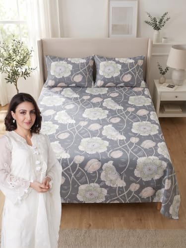 Image of Mafatlal 144 TC Floral bedsheet for Double Size Bed, 90x100 inches Pure Cotton Double bedsheet with Pillow Covers, Cotton Full Bed Sheet Cover chadar|Steel Grey