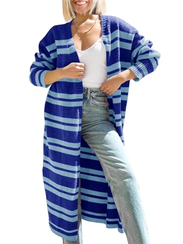 Saodimallsu Womens Striped Long Cardigans Open Front Color Block Long Sleeve Loose Knit Fall Duster Sweater Coat