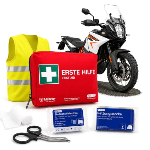 FLEXEO Motorrad Erste Hilfe Tasche | Set mit Inhalt nach aktueller DIN 13167 + Warnweste | klein und kompakt für Motorrad, Roller, Vespa, Fahrrad, E-Bike, Wandern | Rot