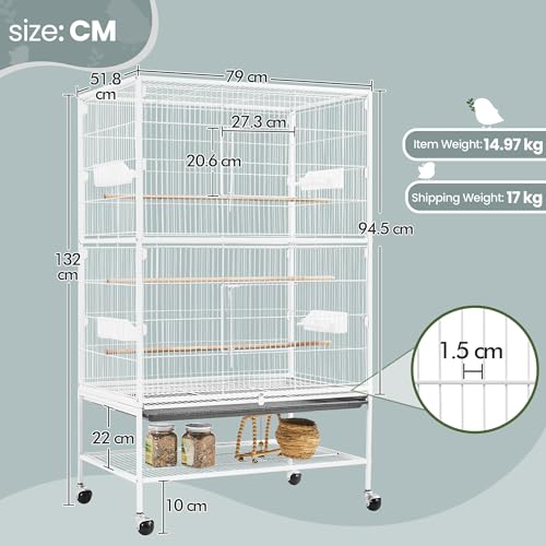 Yaheetech Vogelkäfig mit ständer, Vogelvoliere mit 3 Holzstangen und 4 Futternäpfen, Wellensittich Käfig mit 4 Rollen, Voliere für Papageien, 52 x 79 x 132 cm, Weiß