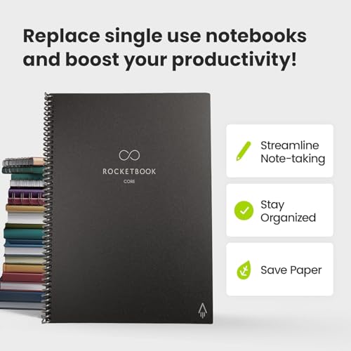 Image of Rocketbook Core Reusable Spiral Notebook, Executive Size 6x8.8, Black - Dotted Pages, App-Connected, Erasable, Durable Cover, Ideal for School, Work, and Creative Projects (Pack of 50)
