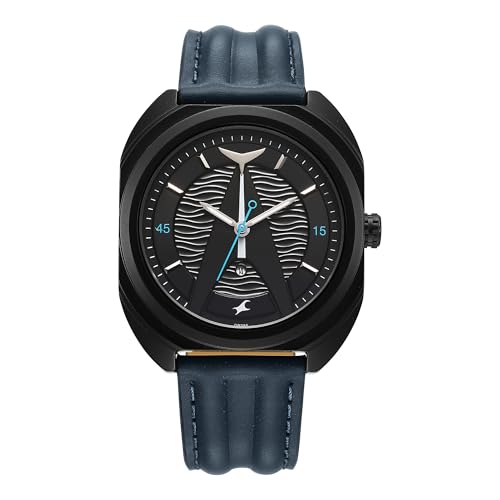 Image of Fastrack Analog Men Black Blue Oceanyx Quartz Shaped Dial Watch,Leather Material,Band-3326NL01