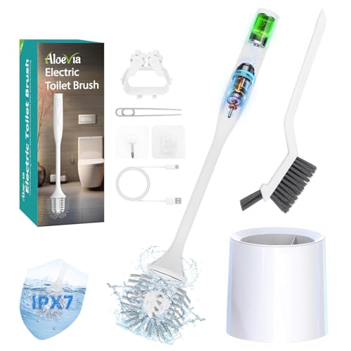 Aloevia Electric Toilet Brush with Holder Ultra Quiet & Powerful Scrubbing IPX7 Waterproof Self-Cleaning Brush for Toilet/Bathtub/Grout Cordless Spin Scrubber with 320RPM Turbo Power - White