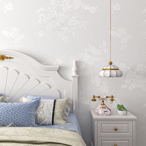 Papel tapiz blanco Livelynine de 15.8x197 pulgadas texturizado floral vinilo impermeable para mueble 3