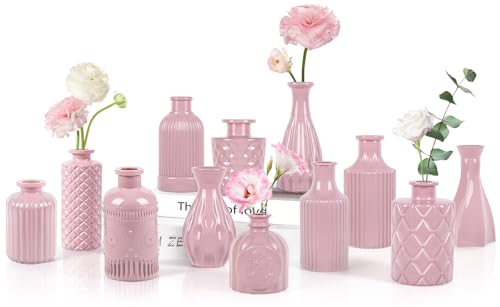 TBWIND Blush Pink Glass Bud Vase Set of 12 – Mini Vintage Vases for Flowers, Centerpieces, Wedding & Home Décor