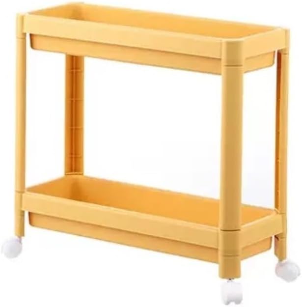 Yellow 2-Tier Rolling Kitchen Trolley - Narrow Plastic with Wheels, Versatile Storage Rack for Bathroom & Kitchen, Space-Saving ty Shelf with Drain Tray