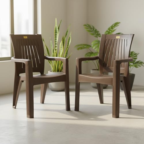 Image of Patiofy Plastic Chair Set of 2 for Home & Outdoor Use | Heavy Duty Comfortable Chair with Strong Legs | Stackable, Easy to Clean | Suitable for Living Room, Balcony (Pack of 2-Rolex | Brown)