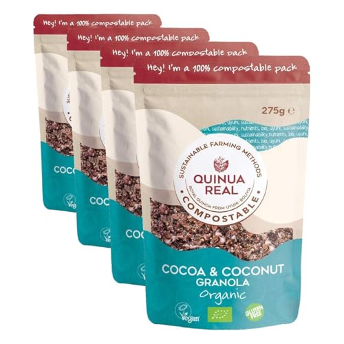 Granola de quinoa real con cacao y coco sin gluten BIO - Quinua Real - 275g (Paquete de 4)