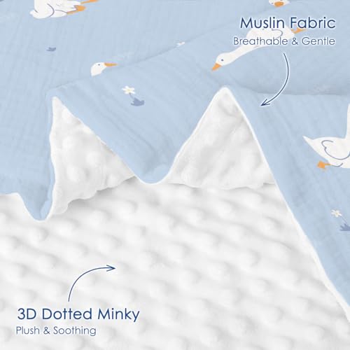 Image of SANDJEST Little Goose Minky Muslin & Dotted Blanket 30x40 in Gift for Holiday, Gender Reveal Party, Hospital Visit, Baptism