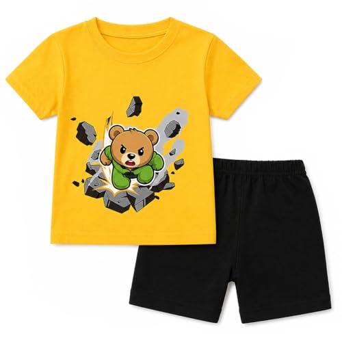 Image of Bold N Elegant Unisex Kid Cotton Solid Playful Happy Face Print Half Sleeve T-Shirt & Denim Shorts Summer Clothing Set