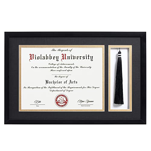 VIOLABBEY 11x17 Matte Black Diploma Frame with Tassel Holder for 8.5x11 Certificates Document, College Degree Frame for Wall Mounted (Black Gold Double Mat) Black Diploma + Tassel