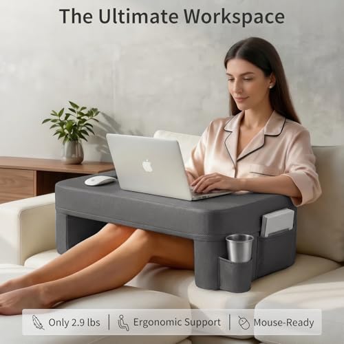 Image of septsun 26 inch Extra Wide Lap Desk Pillow, Laptop Desk for Couch and Bed | Dark Gray Large Soft Foam Workstation with Ergonomic Armrest Elbow Relief; Mouse-ready Fabric, Cup Holder, Sofa Gaming