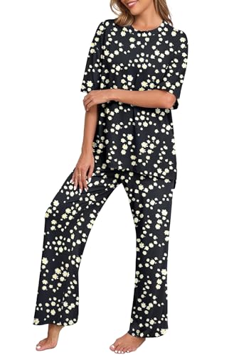 Image of PrinStory Womens Pajamas Sets 2 Piece Lounge Set Short Sleeve Tops and Long Pants Soft Pjs Loungewear with Pockets