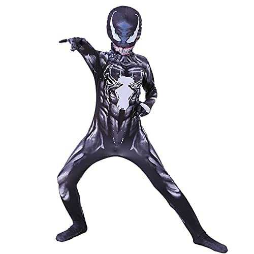 MRLTOP Venom Kostüm für Kinder, Jungen, Superhelden-Kostüm, Unisex, Erwachsene, Kinder, Lycra, Spandex, Zentai-Overall, Body, Cosplay, Halloween-Kostüm, Schwarz/Kinder/150 cm Cover