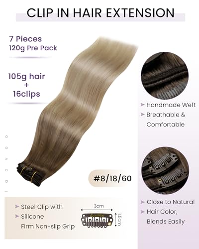 Image of LaaVoo Hair Extensions Clip ins,Flexible Structure for Daily Use | Light Brown Ombre Ash Blonde Mix Platinum Blonde Balayage, 20 Inch 120g 7Pcs, Glueless Design
