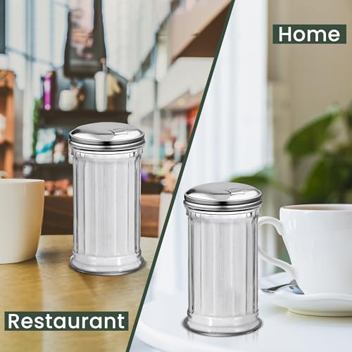 Great Credentials Retro Style Sugar Dispenser Pourer Shaker, Glass Jar with Stainless Steel Pour-Flap Lid, 12 oz Each, Set of 2 – Ideal for Sugar, Spices, and Condiments