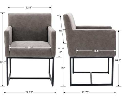 Image of HNY Mid Century Modern Upholstered Dining Chairs with Arms Set of 4, Faux Leather Accent Chairs with Black Finish Metal Grey pu black Frame set of 4
