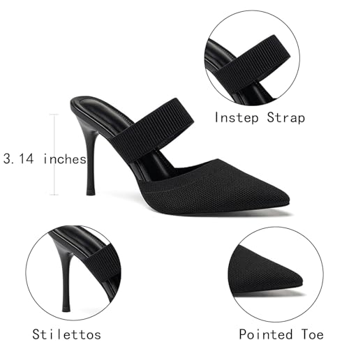 Women's Knit Stretchy Closed Pointed Toe Stiletto Mules Fashion Mesh Breathable Comfort Slip-On High Heel Slingback Dress Slide Sandals with Elastic Strap for Wedding Party Daily Wear2