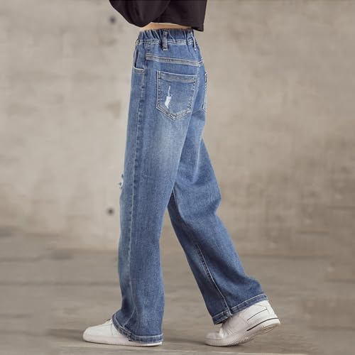 Girls Ripped Straight Jeans Elastic High Waist Baggy Wide Leg Denim Pants Kids Y2k Streetwear Vintage Trousers Swear Pants3