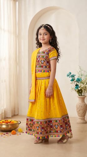 Image of AHHAAAA Girls Lehenga Choli with Dupatta, Kids Embroidered Chaniya Choli Set for Navratri Garba Dandiya Wedding Party Ethnic Outfit Y0045
