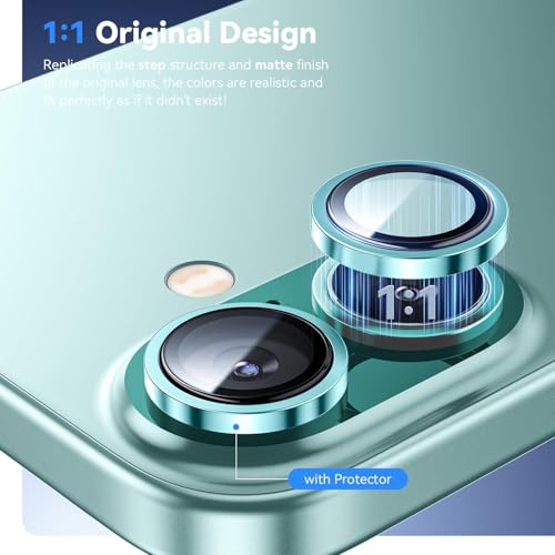 Image of CLITZ for iphone 16 /16 Plus camera lens protector Tempered Glass Aluminum Alloy Ring with Camera Cover (Green)