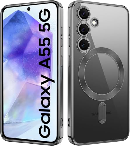 Image of VONZEE Clear Logo Electroplating Transparent Case for Samsung A55 5G, Magnetic Plating [Support for MagSafe Charger] Electroplate TPU Cover, Individual Camera Protection for Each Lens - Black