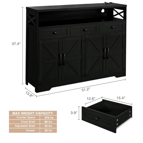 Image of 51 inch Black Buffet Sideboard Cabinet with Storage, Farmhouse Kitchen Storage | Pantry Cabinet with Drawers, Wood Cupboard Hutch, Coffee Bar Station Table for Kitchen, Living Room, Dining Room
