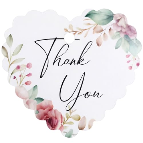 Image of CVANU Heart Shaped Thank You Tags 200-Pcs with Golden String, Floral Design Gift Tags for Wedding Favors| Birthday Party| Small Business Packaging (2.16x2.36 inch) D3