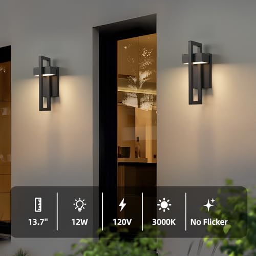 Image of tewei LED Outdoor Wall Sconce Modern Exterior Lighting Fixtures, Matte Black Outdoor Front Porch Lights LED Outside Wall Mount Lights for House, Hallway, Warm White 3000K, 2 Pack
