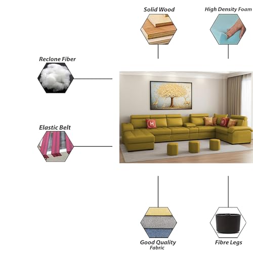 Image of Casaliving Emerson Modern U-Shaped Sectional Sofa Set 9 Seater, Sofa Couch with 3 Puffy for Hall (Yellow Colour) Premium Leatherette Fabric Sofa