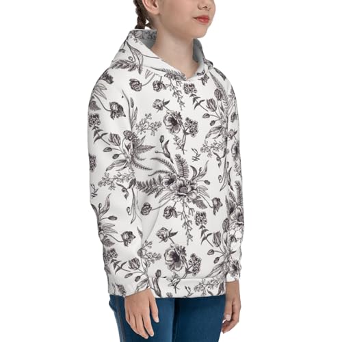 Black and White Flowers Kids Pullover Hoodies Boys Sweatshirts Girls Athletic Clothes with Pocket3