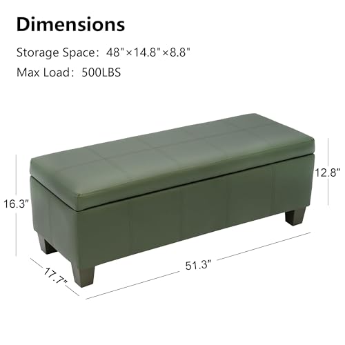 Image of 51 Inch Storage Ottoman, Storage Bench with Safety Hinge, Upholstered Synthetic Leather Ottoman Bench for Bedroom, Living Room, Entryway, Hallway, Foot Rest, Support 500lbs
