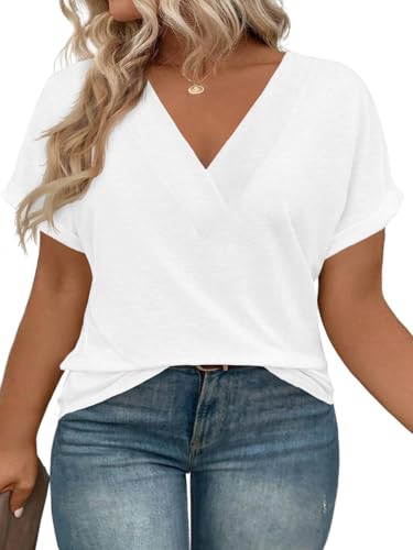 Beautife Womens Plus Size V Neck T Shirts Short Sleeve Summer Dressy Casual Tunic Tops Loose Fit Tees Blouse