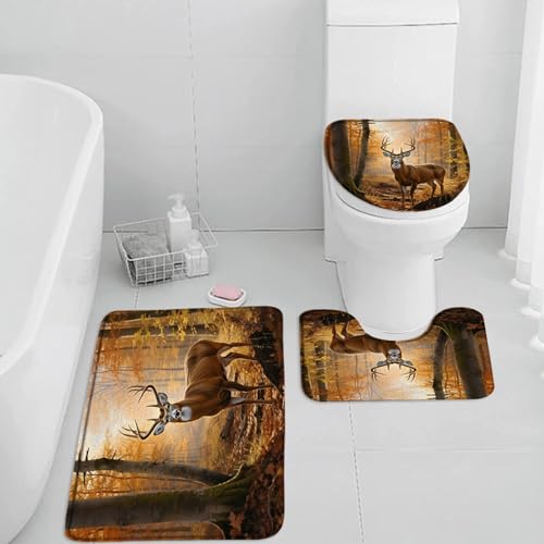 QWRSMYX 3 Pieces Set Deer Bath Mat Fall Forest Elk Wildlife Rustic Animal Country Farmhouse Autumn Hunting Nature Bathroom Rugs Toilet Lid Cover Pedestal Rug U-Shaped