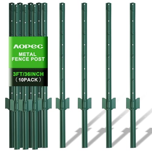 AOPEC Fence Post 3 Feet / 36 Inch, Pack of 10, Heavy Duty Metal Fence Posts, No Dig U Post with U-Channel, Adjustable Tabs & Anchor Plate, Rust-Proof Steel Fence Stakes for Garden, Farm, Lawn, Poultry