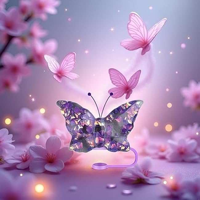 Purple Butterfly Straw Cover Cap for Stanley Cup,Bling Bow Straw Covers Cap Toppers for Tumbler Cups,Dust-Proof Reusable Silicone Tips Lids Protectors for 10mm Cups Accessories