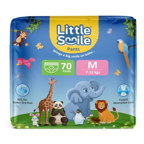 Image of Baby Diapers Pant Style | Medium (M) Size | Ideal for 7-12 Kgs Baby | 70 Count- Odorless and Antibacterial Layer with Urine Indicator (Pack of 6)