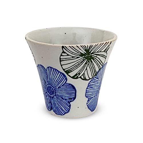 ジェイキッチンズ J-kitchens 勲山窯 日本酒 グラス 電子レンジ対応 波佐見焼 日本製 (酒 ・ 冷酒 おちょこ 柄 140cc 陶器) ライン 花紋 ブルー