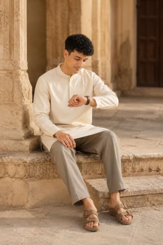 Image of SAADAA Men's Long Kurta - Linen Cotton Blend, Airy Fabric, Regular Fit, Mandarin Collar, Solid Color - Casual, Festive & Ethnic Wear