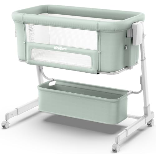 NeoBorn 4 in 1 Baby Bassinet, Bedside Bassinet with Breathable Mesh Design, 7 Height Adjustable Rocking Bassinet, Crib with Comfy Mattress and Wheels for Newborns, Green