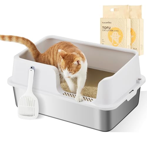 FUKUMARU Bac à Litière pour Chat en Acier Inoxydable, Maison de Toilette Chat à Hauts Rebords...