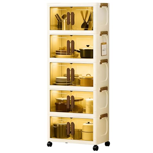 Ribech Boîtes de Rangement en Plastique à 5 Niveaux avec couvercles, Armoire empilable Pliable avec roulettes, système d'organisation pour Armoire, Salle de Bain, Bureau