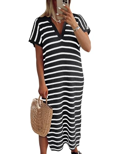 ANRABESS Women's Summer Striped Midi Dress 2025 Casual Short Sleeve V Neck Loose Knitted Side Slit Long Beach Dresses