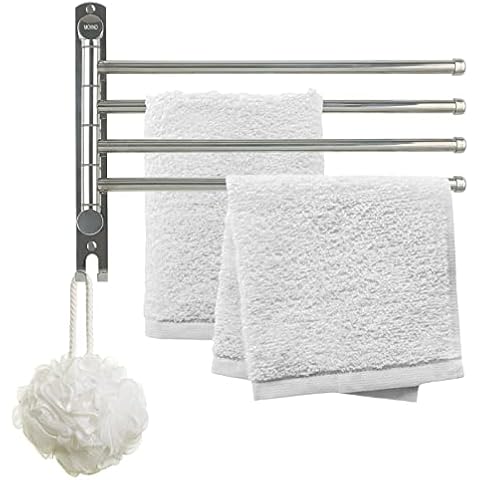 MOVNO Swing Out Towel Bar, 4-Arm Silver Wall Mounted Swivel Towel Rack with Hooks Rustproof, Towel Hanger Holder Storage Organizer for Bathroom Kitchen Space Saving Cover