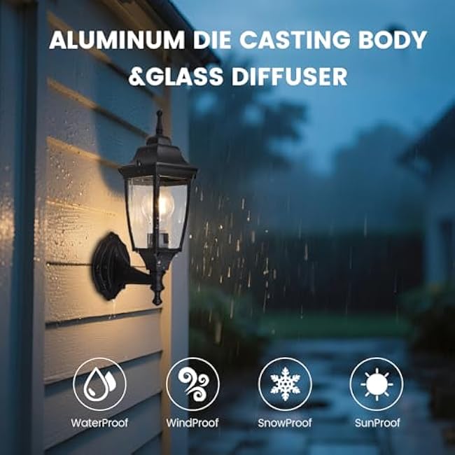 Photocell-Controlled Outdoor Wall Light ¨C Die-Cast Aluminum & Glass Water-Resistant Exterior Fixture, Wet Location Rated, E26 Base (60W Max) for Porch, Garage, Garden£¨Black£©