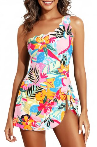 Image of Tempt Me Women One Piece Swim Dress One Shoulder Swimsuit | Tummy control, Skirted bottom, Adjustable shoulder straps, Removable bra