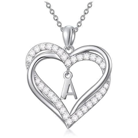 Buchstaben Kette Doppel Herz Halskette Damen 925 Sterling Silber A Initialen Anhänger Schmuck Geschenke für Frauen Sie Freundin Mama Schwester zum Geburtstag Valentinstag Weihnachten Muttertag Cover