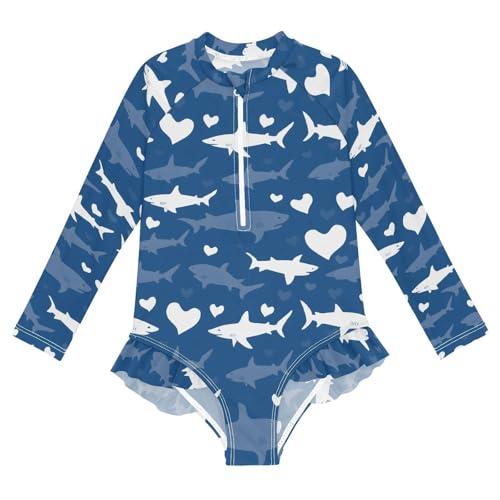 ALAZA White Shark Fish Heart Blue Girls One Piece Swimsuit Long Sleeve Rash Guard Swimsuits UV 50+ Swimwear Zipper