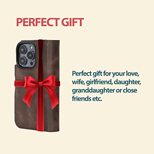 Bayelon Case For Iphone 14 Pro Max, Full Grain Trifold Leather Wallet [2In1], Detachable Magnetic Flip Cover With Card Slots, Iphone 14 Pro Max Case Compatible With Apple Magsafe (Tiguan Brown) #TOP6
